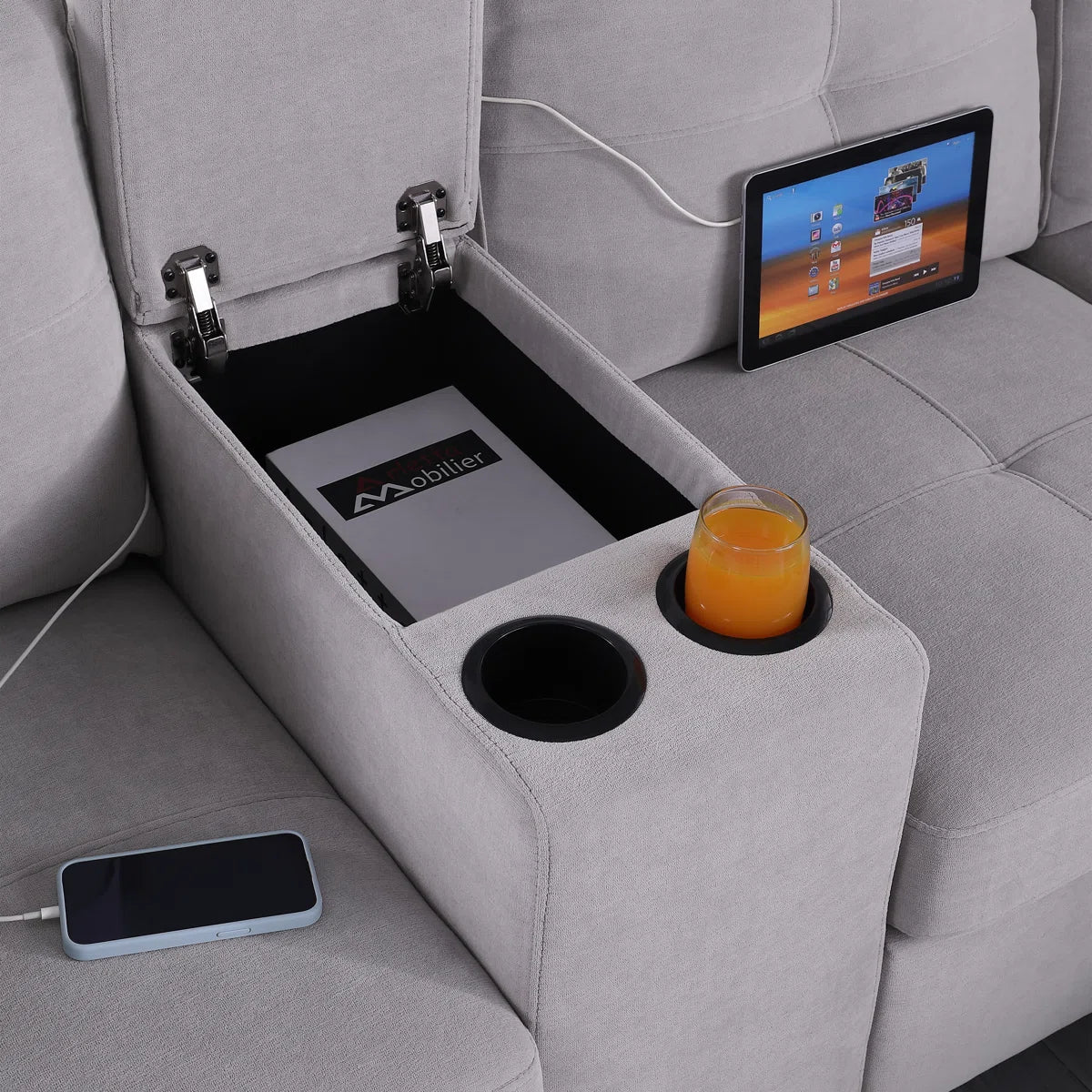 Tryston Fabric Corner Sofa With Storage Ottoman In Lit Grey Colour