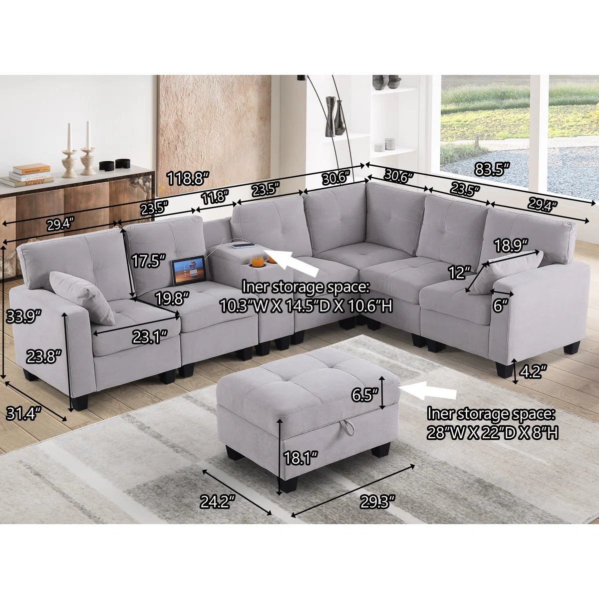 Tryston Fabric Corner Sofa With Storage Ottoman In Lit Grey Colour