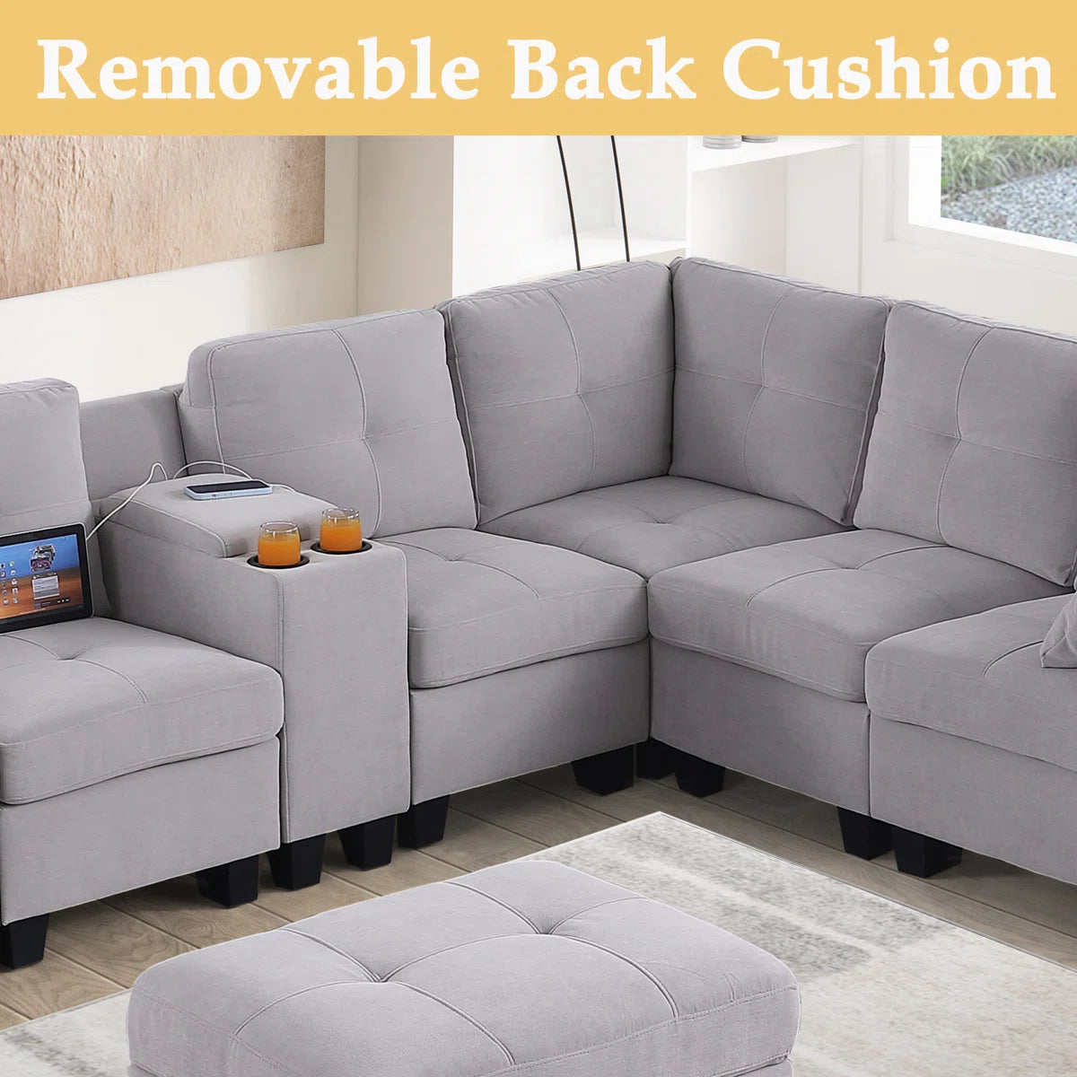 Tryston Fabric Corner Sofa With Storage Ottoman In Lit Grey Colour