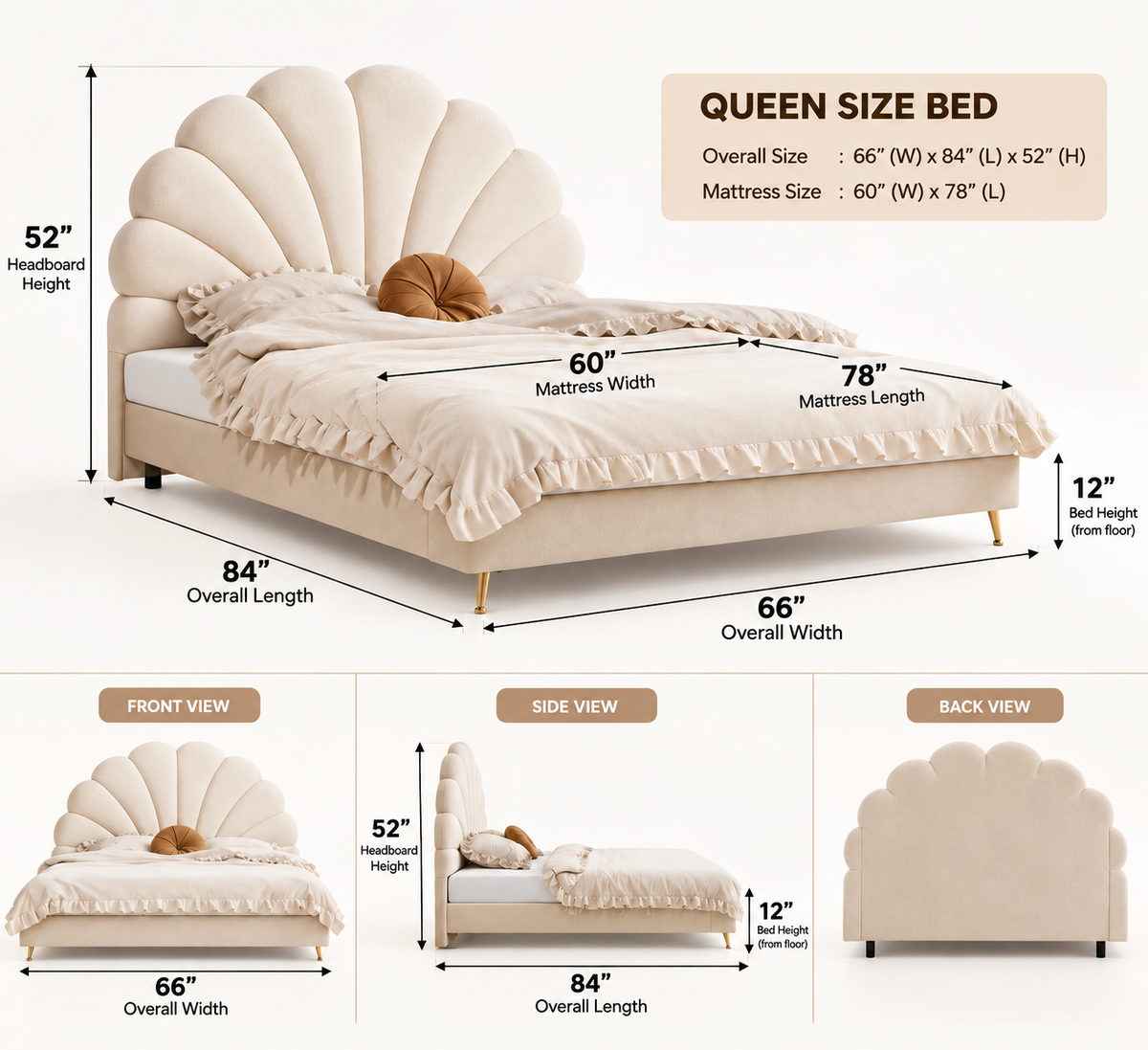 Clara Velvet Queen Size Bed - Warm White