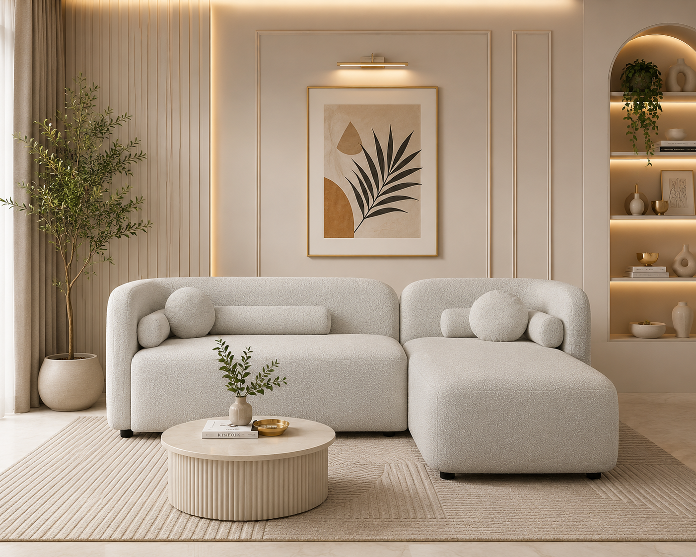 Cloud Bouclé L-Shaped Sofa with Chaise Lounge – Ivory White - Living View by Febonic Living