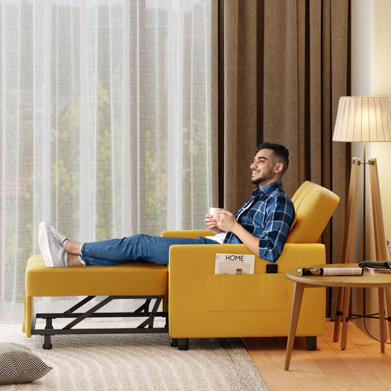 Puppy Fabric 1 Seater Pull Out Sofa Cum Bed In Bold Yellow Colour - Febonic Living