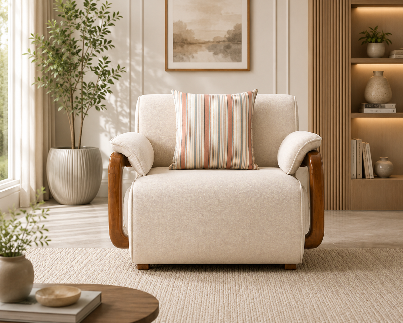 Corvin 1 Seater Fabric Sofa with Wooden Loop Arm - Cream Beige - Living View by Febonic Living