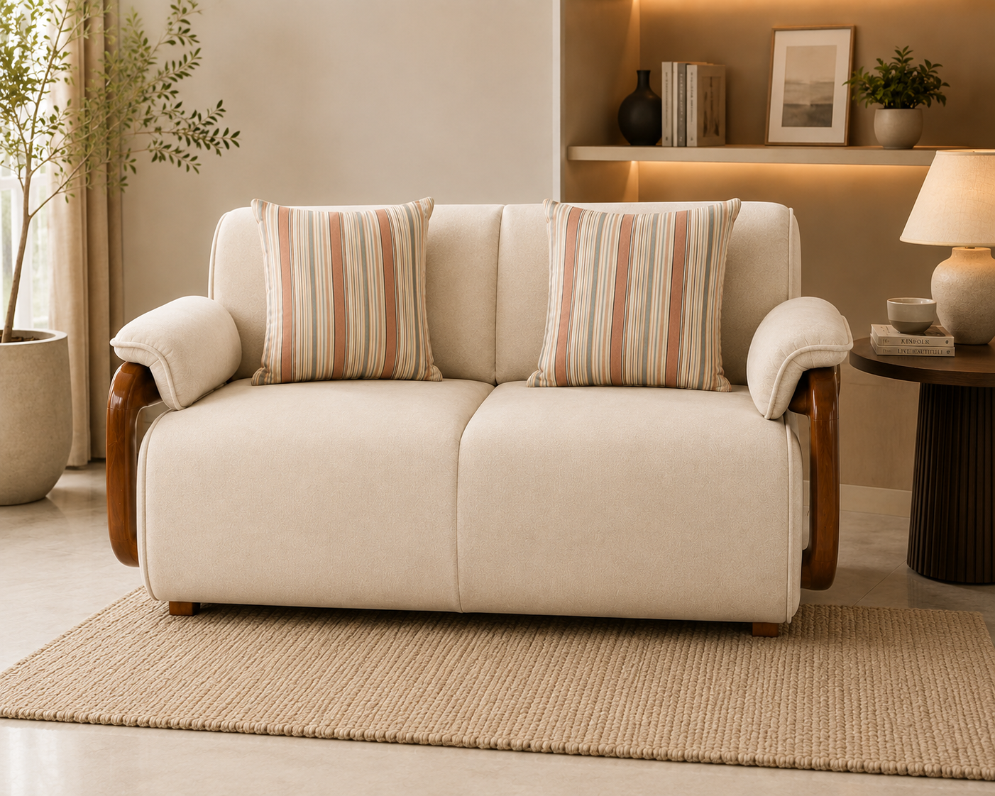 Corvin 2 Seater Fabric Sofa with Wooden Loop Arm - Cream Beige - Living View 1 by Febonic Living