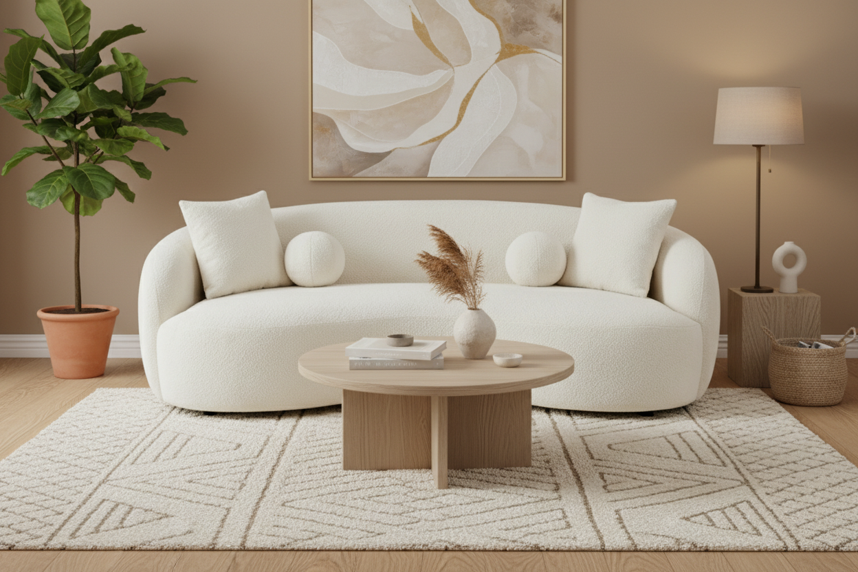 Cosmo 4 Seater Curved Boucle Fabric Sofa - Boucle White