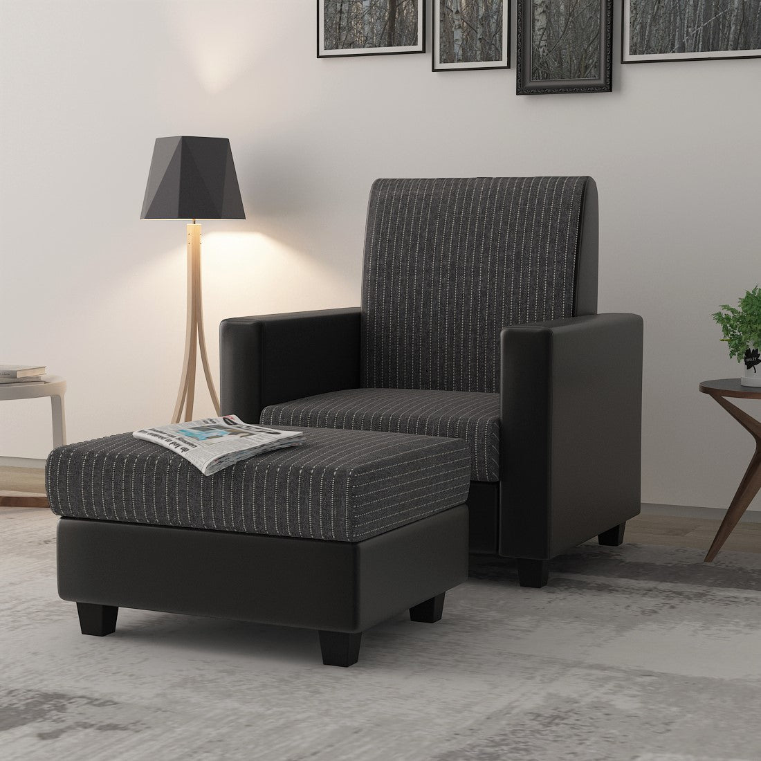 Baley Fabric Barrel Chair With Ottoman In Lama Black Colour - Febonic Living