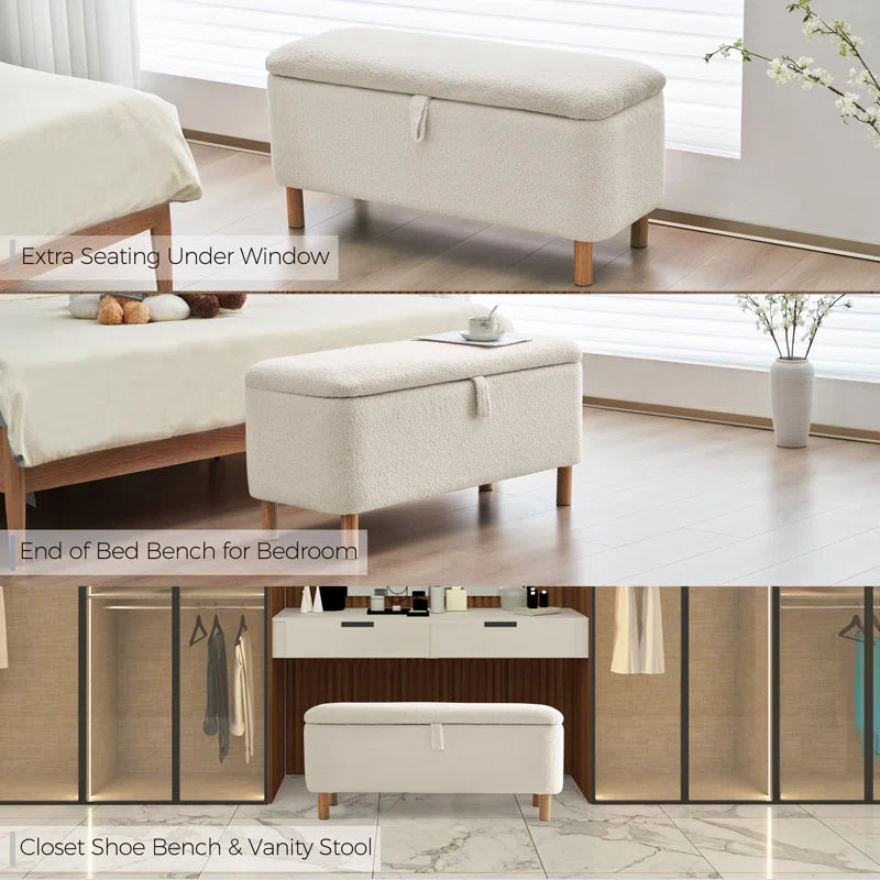 Daya Boucle Fabric Ottoman In Bright White Colour With Storage - Febonic Living