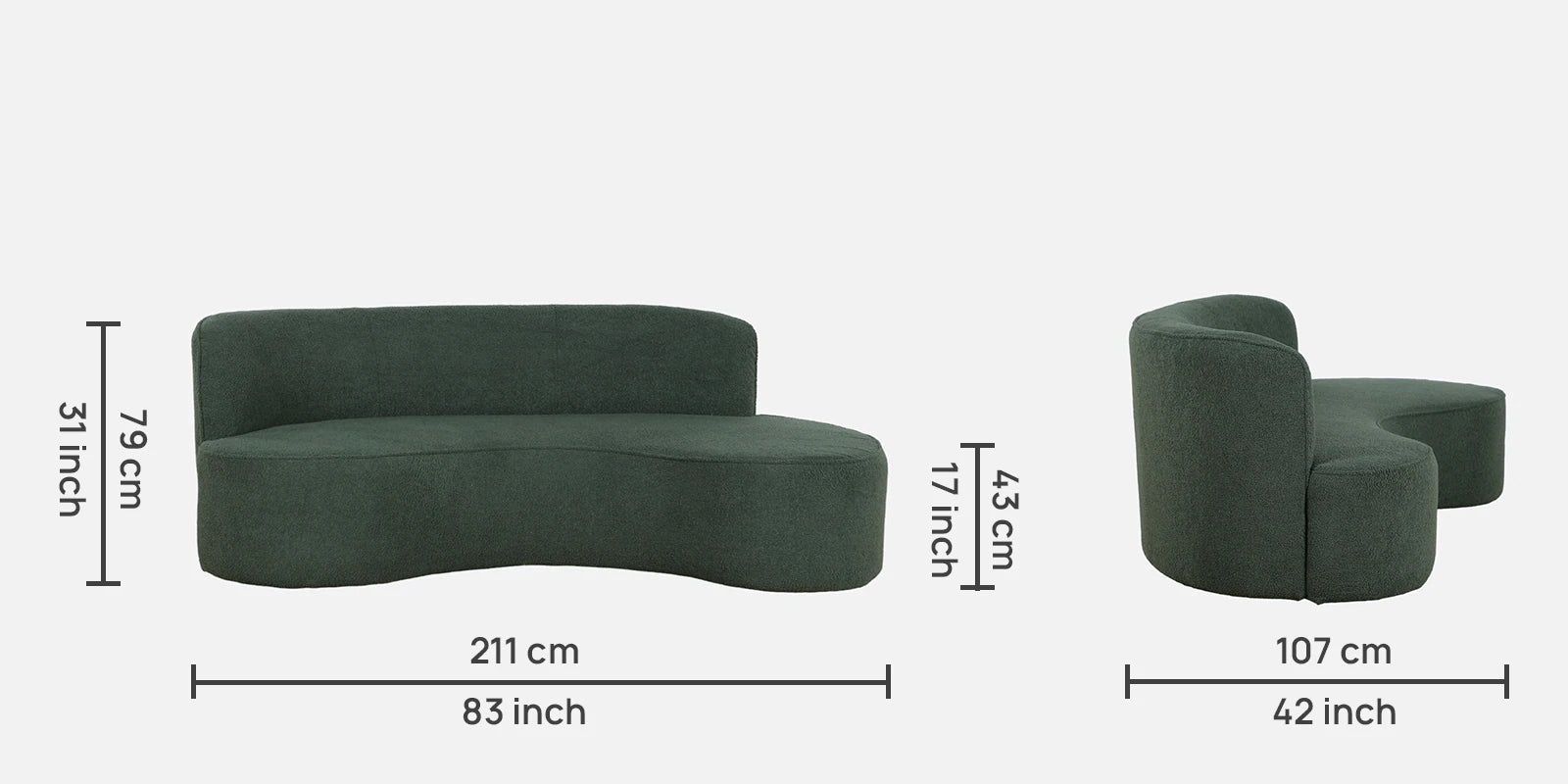 Denor Boucle Fabric 3 Seater Curved Sofa In Hunter Green Colour
