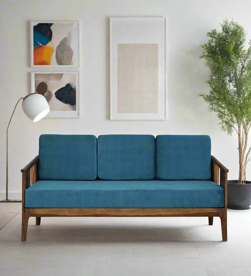 Bano Sheesham Wood 3 Seater Sofa In Blue Colour - Febonic Living