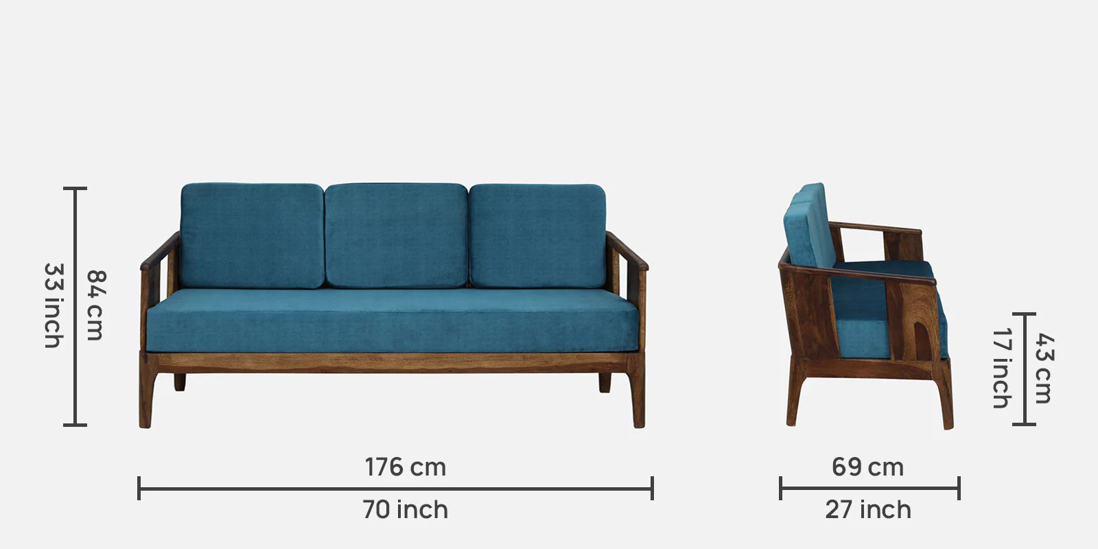 Bano Sheesham Wood 3 Seater Sofa In Blue Colour - Febonic Living