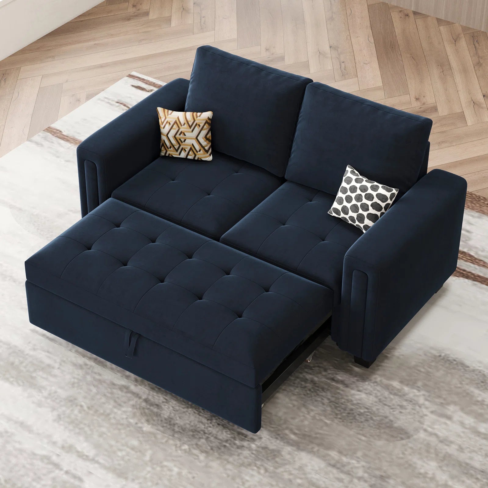 Miro Velvet 2 Seater Pull Out Sofa Cum Bed In Indigo Blue Colour