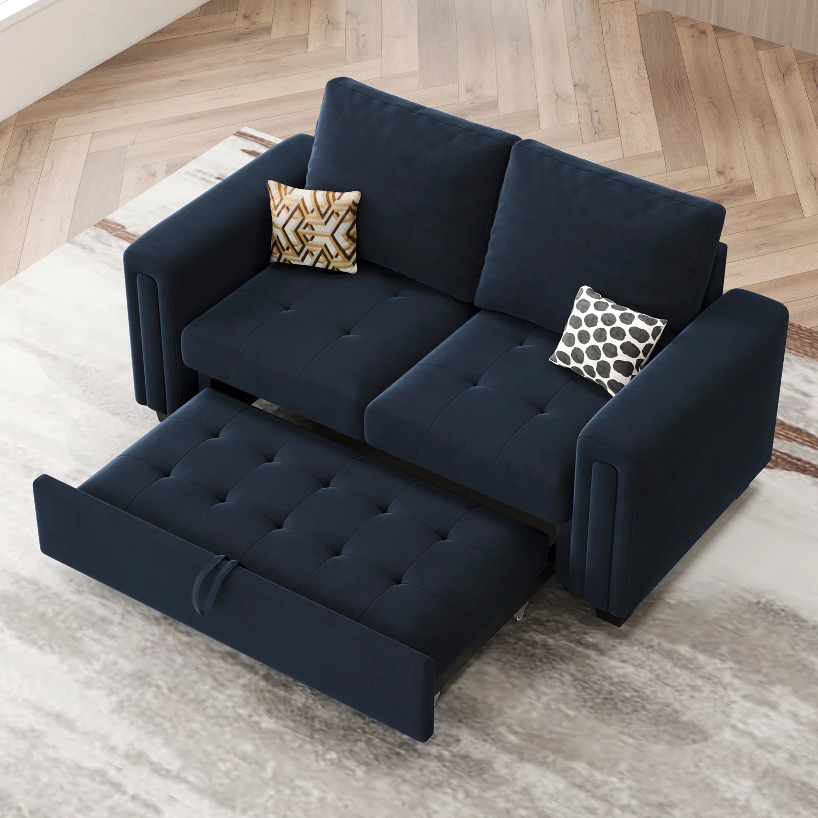 Miro Velvet 2 Seater Pull Out Sofa Cum Bed In Indigo Blue Colour