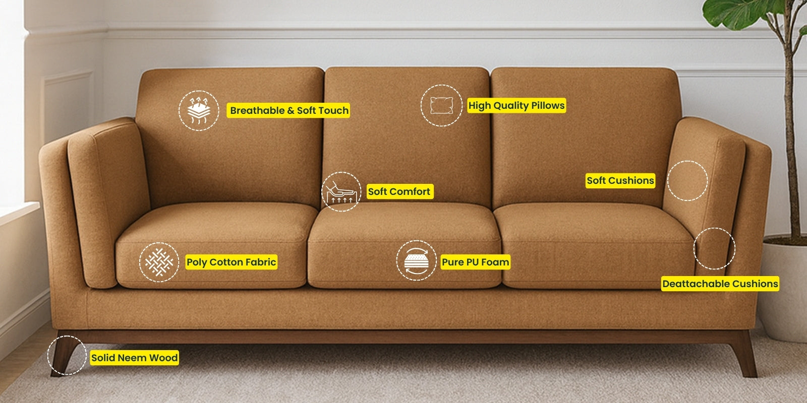 Candy Fabric 3 Seater Sofa In Copper Brown Colour