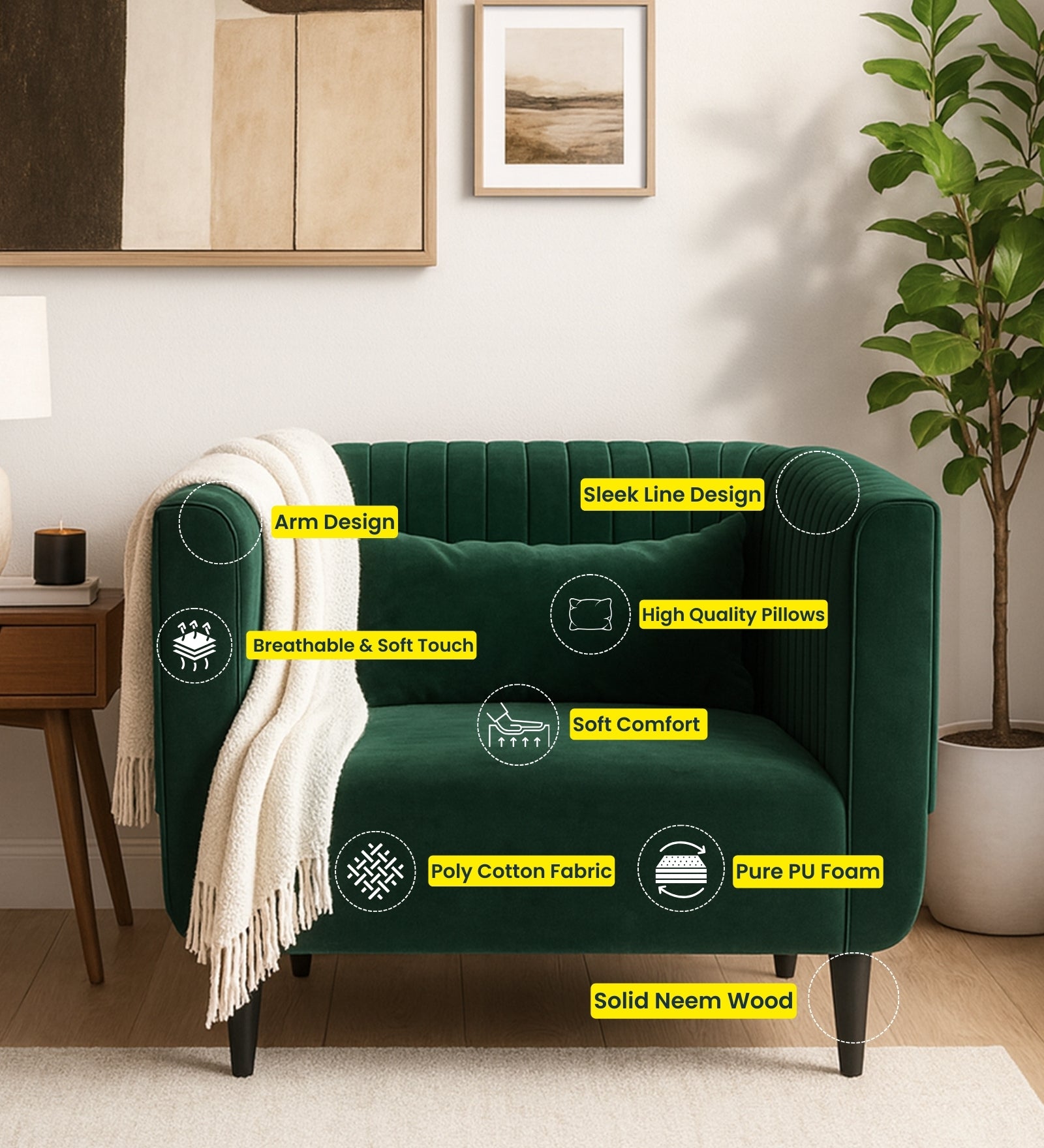 Jackson Waterproof Velvet 1 Seater Sofa In Cashew Cream Colour