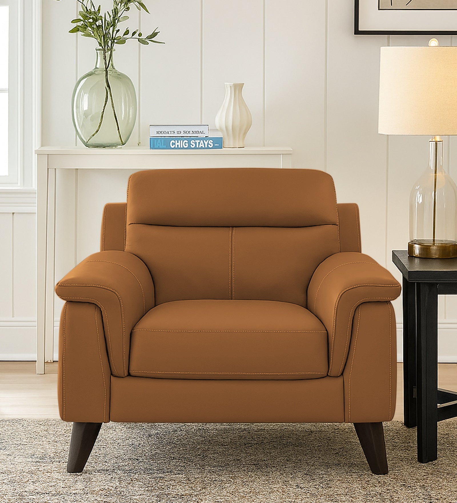 Omton Leatherette 1 Seater Sofa In Cinnamon Brown Colour