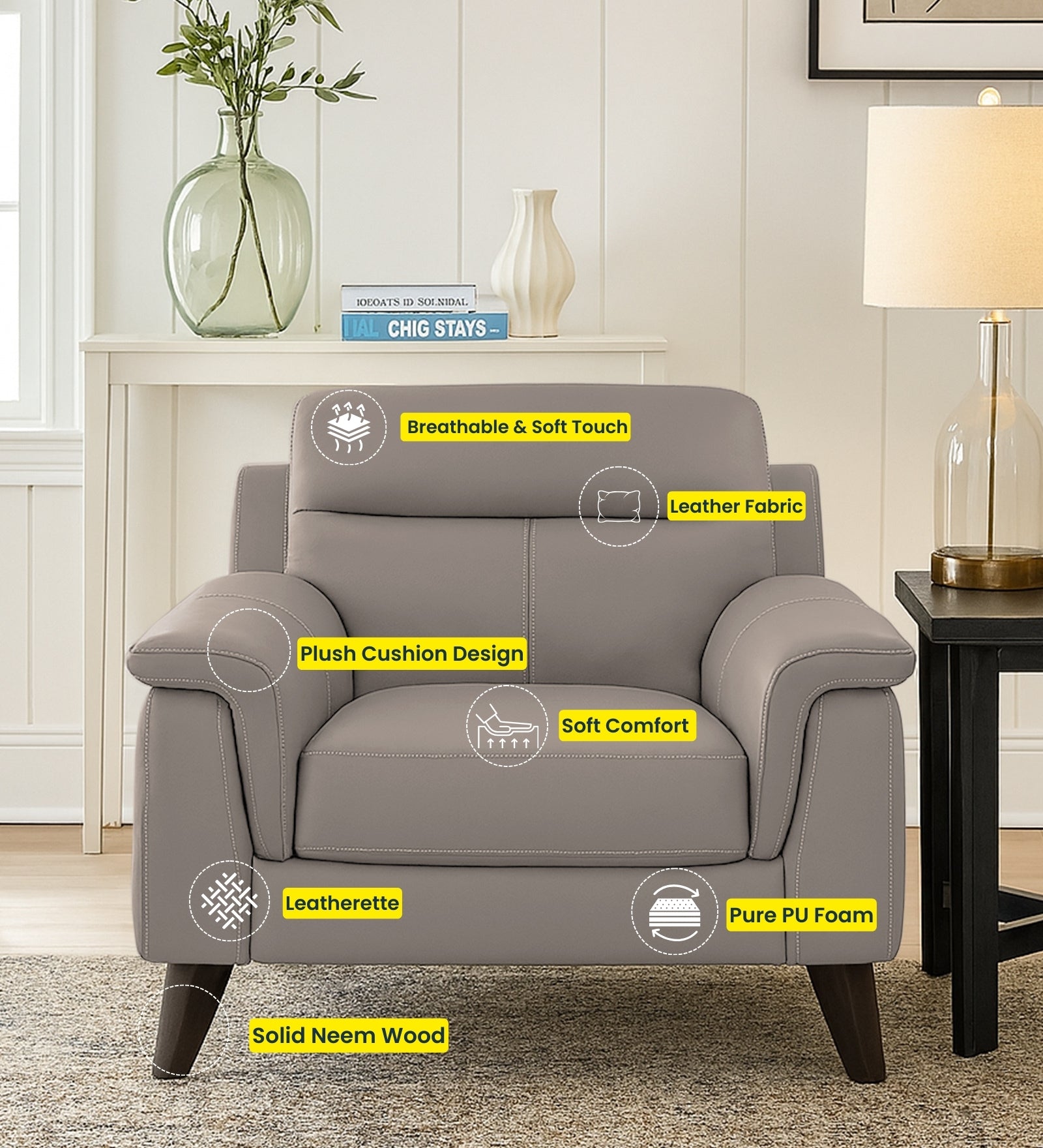 Omton Leatherette 1 Seater Sofa In Pepper Grey Colour