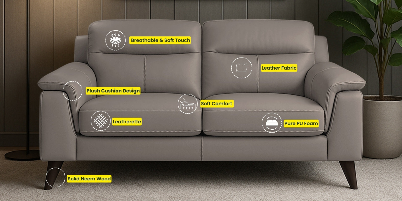 Omton Leatherette 2 Seater Sofa In Pepper Grey Colour