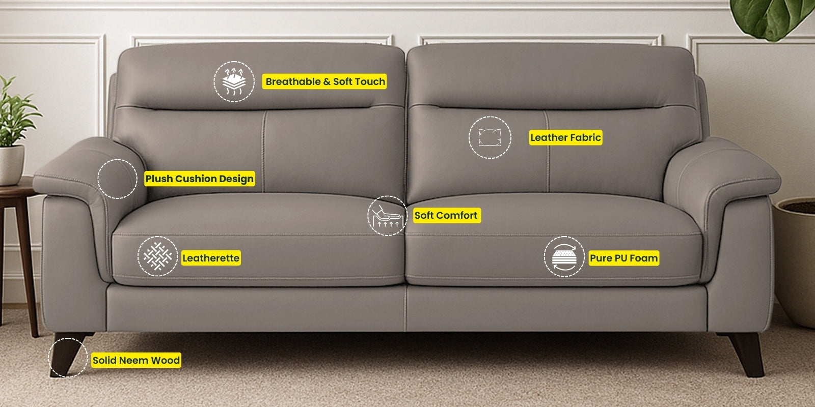 Omton Leatherette 3 Seater Sofa In Cinnamon Brown Colour