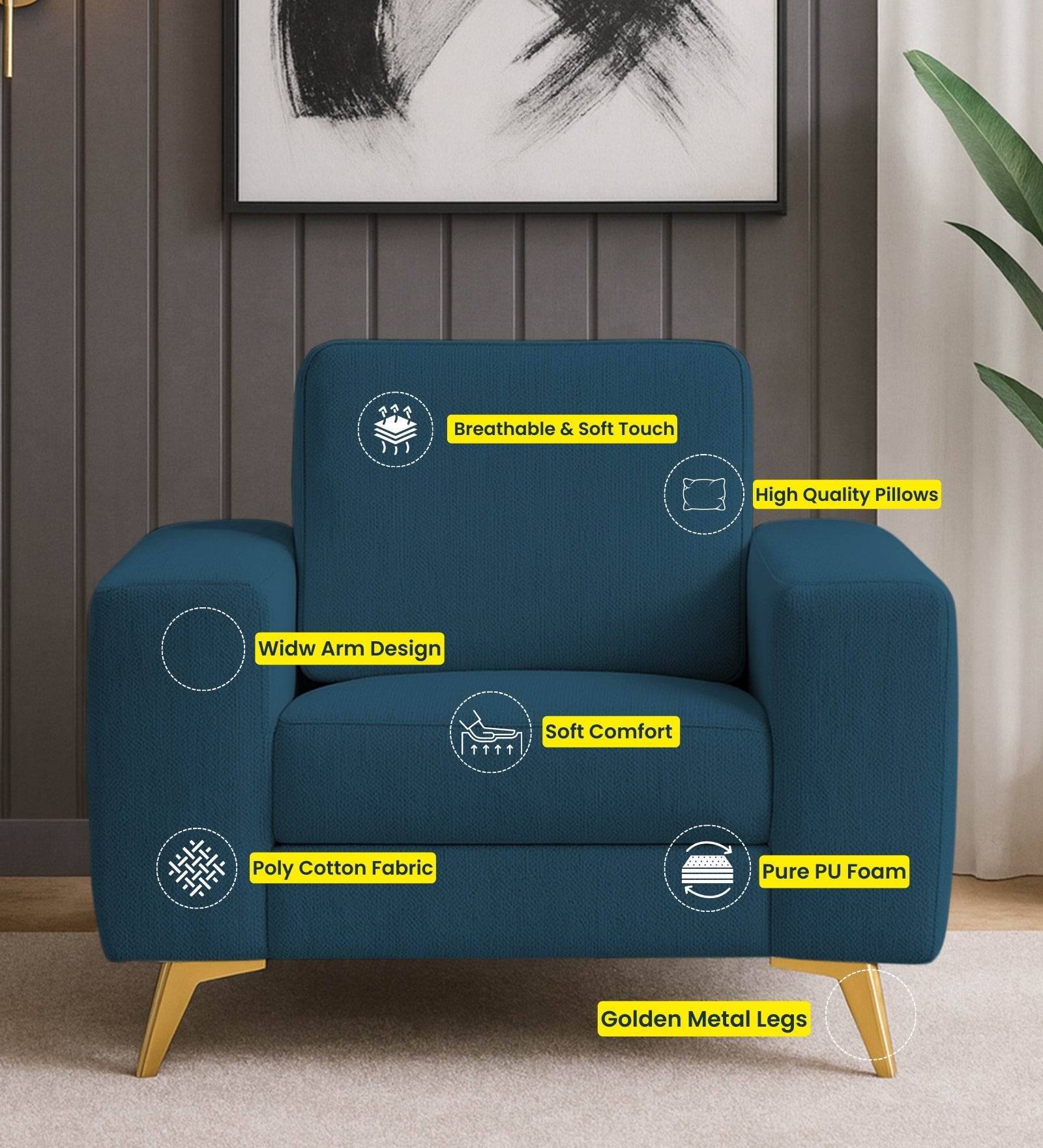 Quba Fabric 1 Seater Sofa In Nut Beige Colour