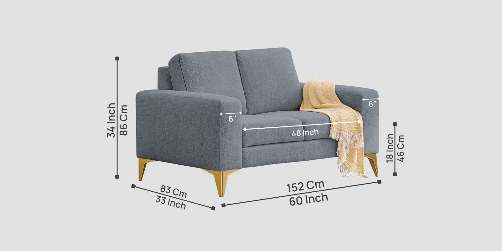 Quba Fabric 2 Seater Sofa In Winter Grey Colour