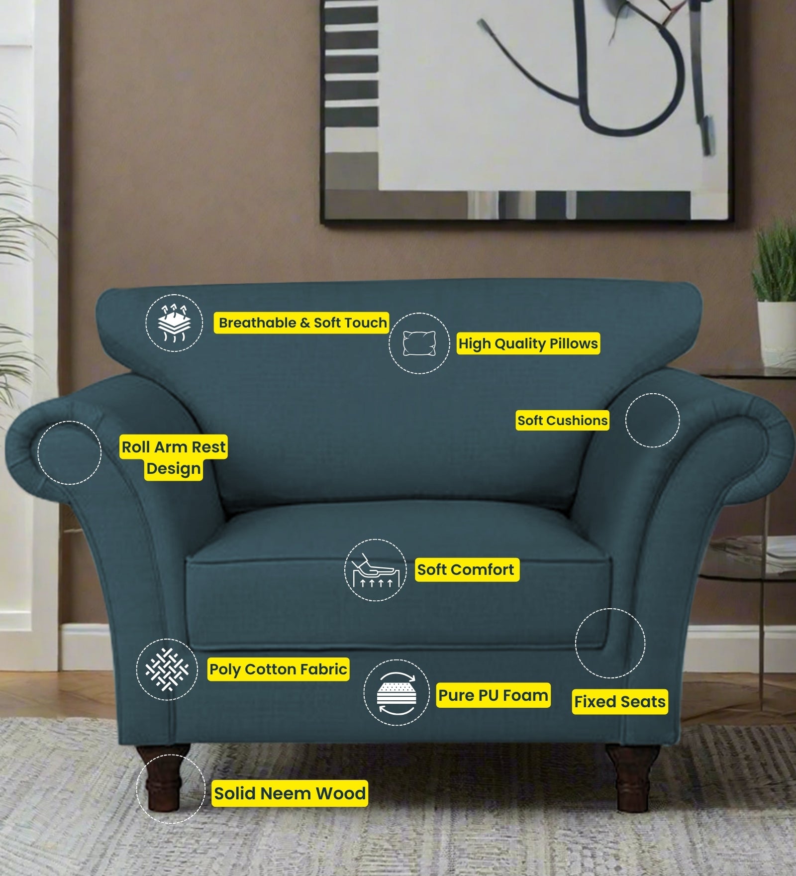 Rana Fabric 1 Seater Sofa In Dim Grey Colour