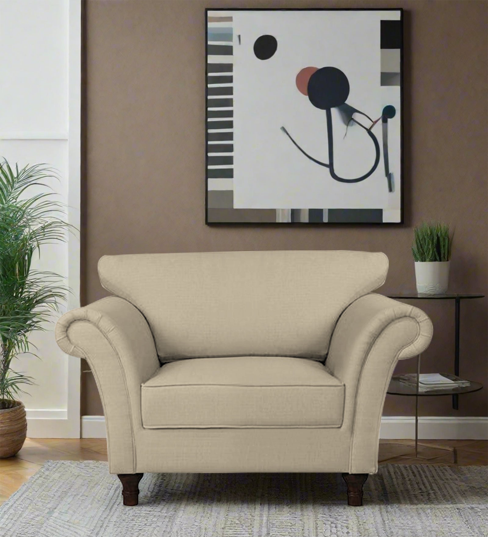 Rana Fabric 1 Seater Sofa In Cotton Beige Colour