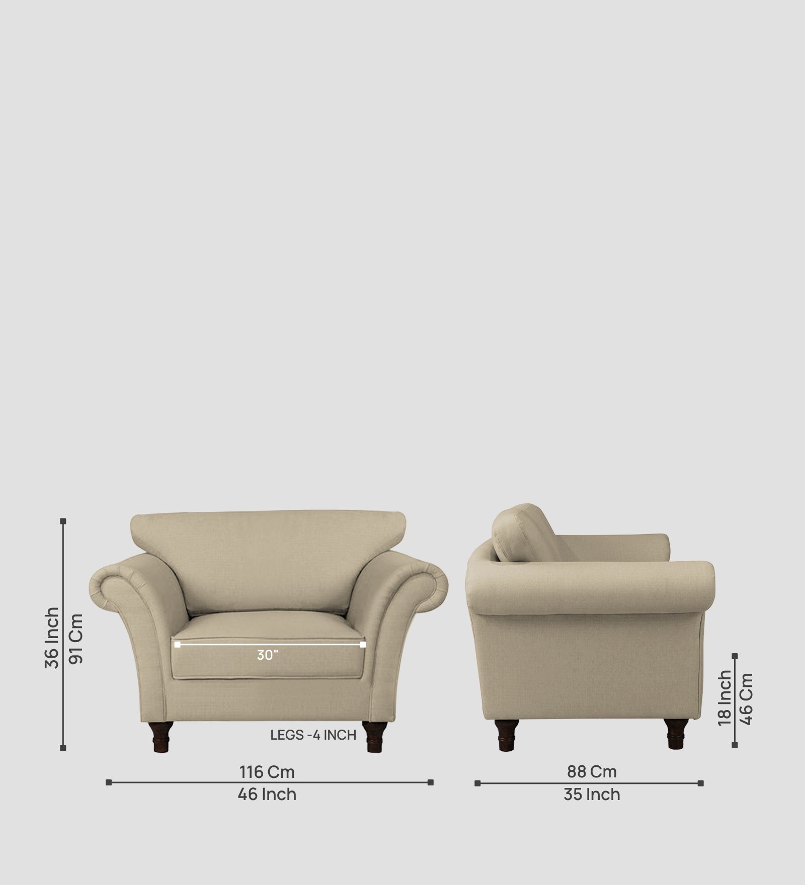 Rana Fabric 1 Seater Sofa In Cotton Beige Colour