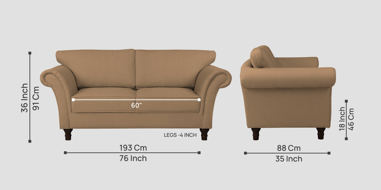 Rana Fabric 2 Seater Sofa In Copper Brown Colour