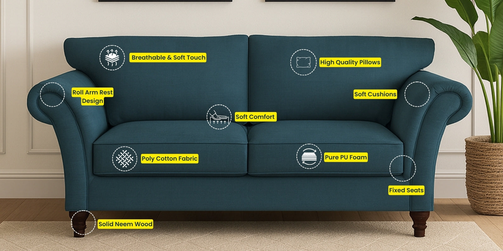 Rana Fabric 2 Seater Sofa In Copper Brown Colour
