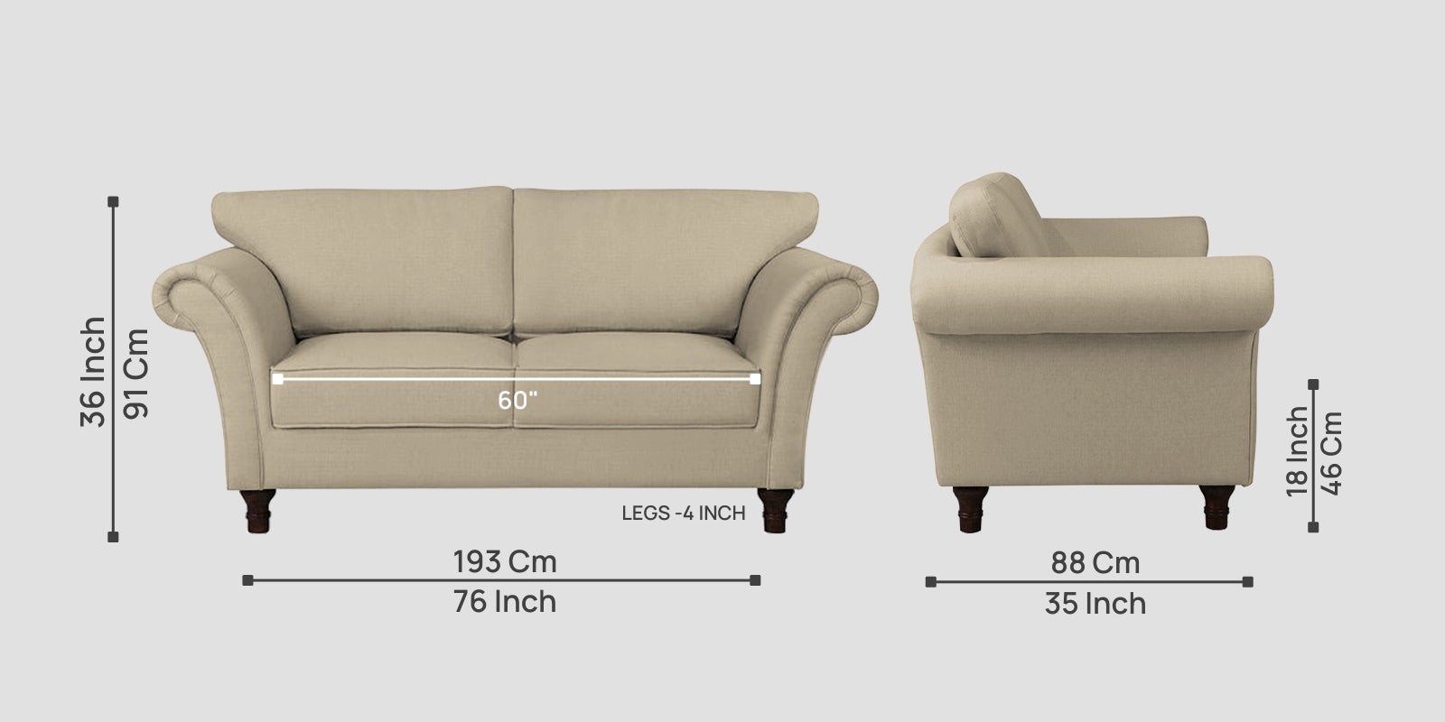 Rana Fabric 2 Seater Sofa In Cotton Beige Colour