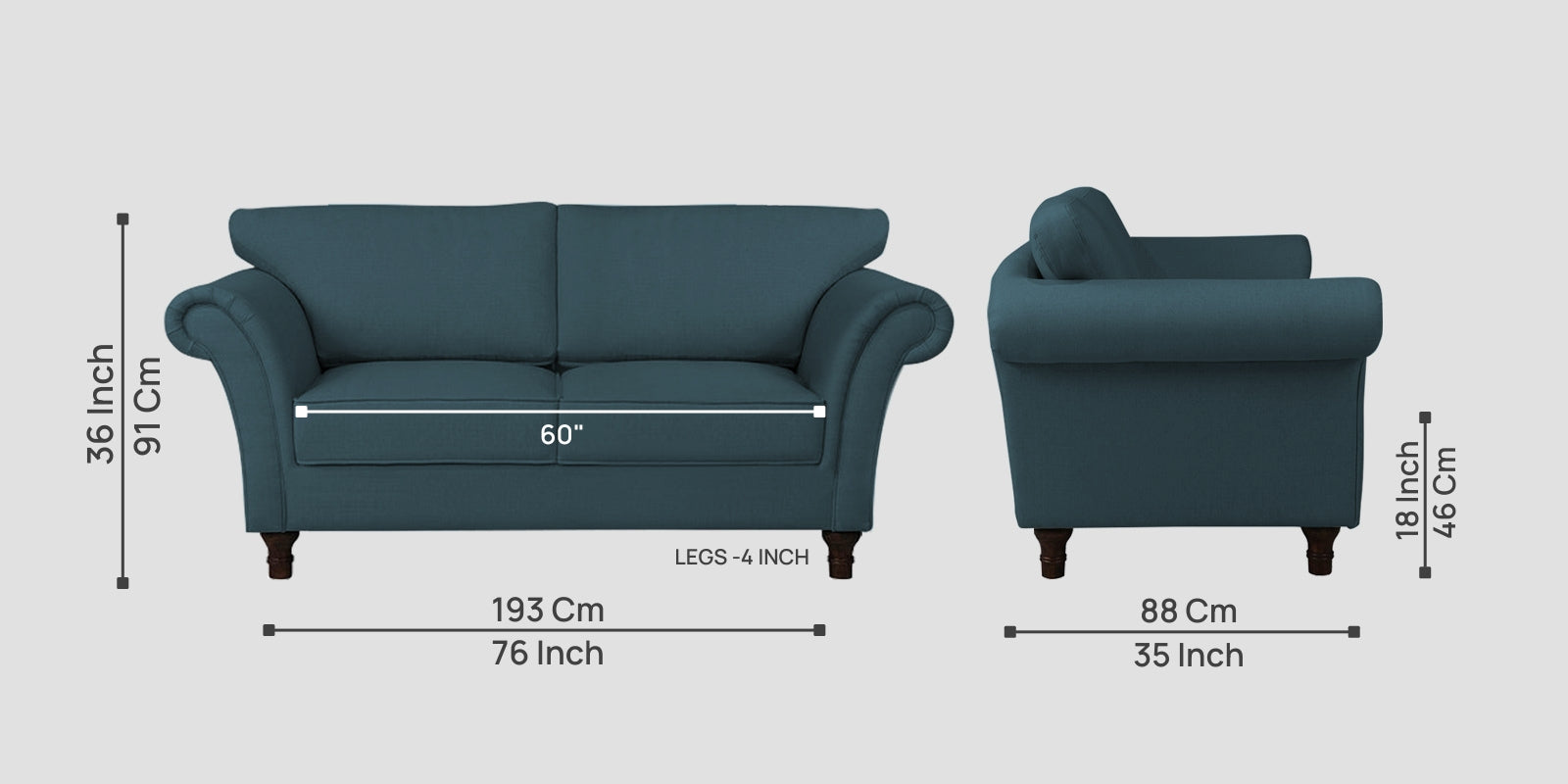 Rana Fabric 2 Seater Sofa In Sea Blue Colour