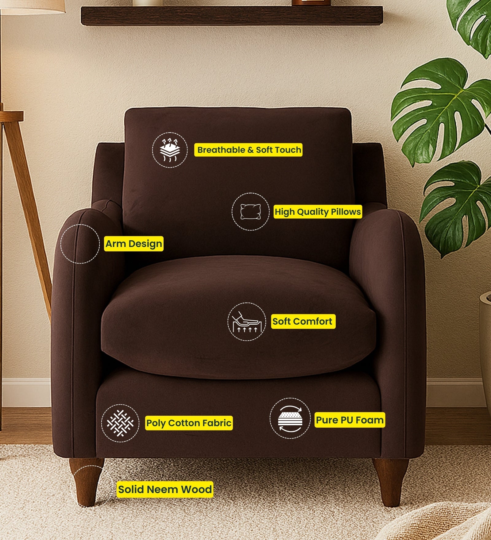 Sally Velvet 1 Seater Sofa In Camel Beige Colour