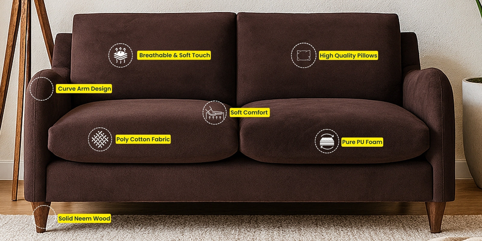 Sally Velvet 2 Seater Sofa In Mocha Brown Colour