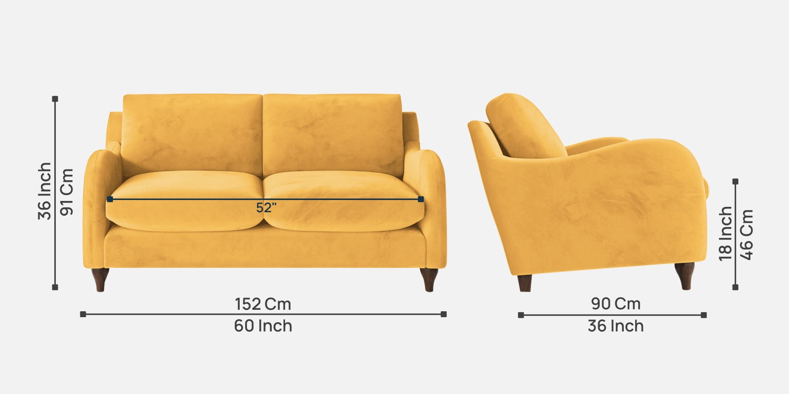 Sally Velvet 2 Seater Sofa In Turmeric Yellow Colour