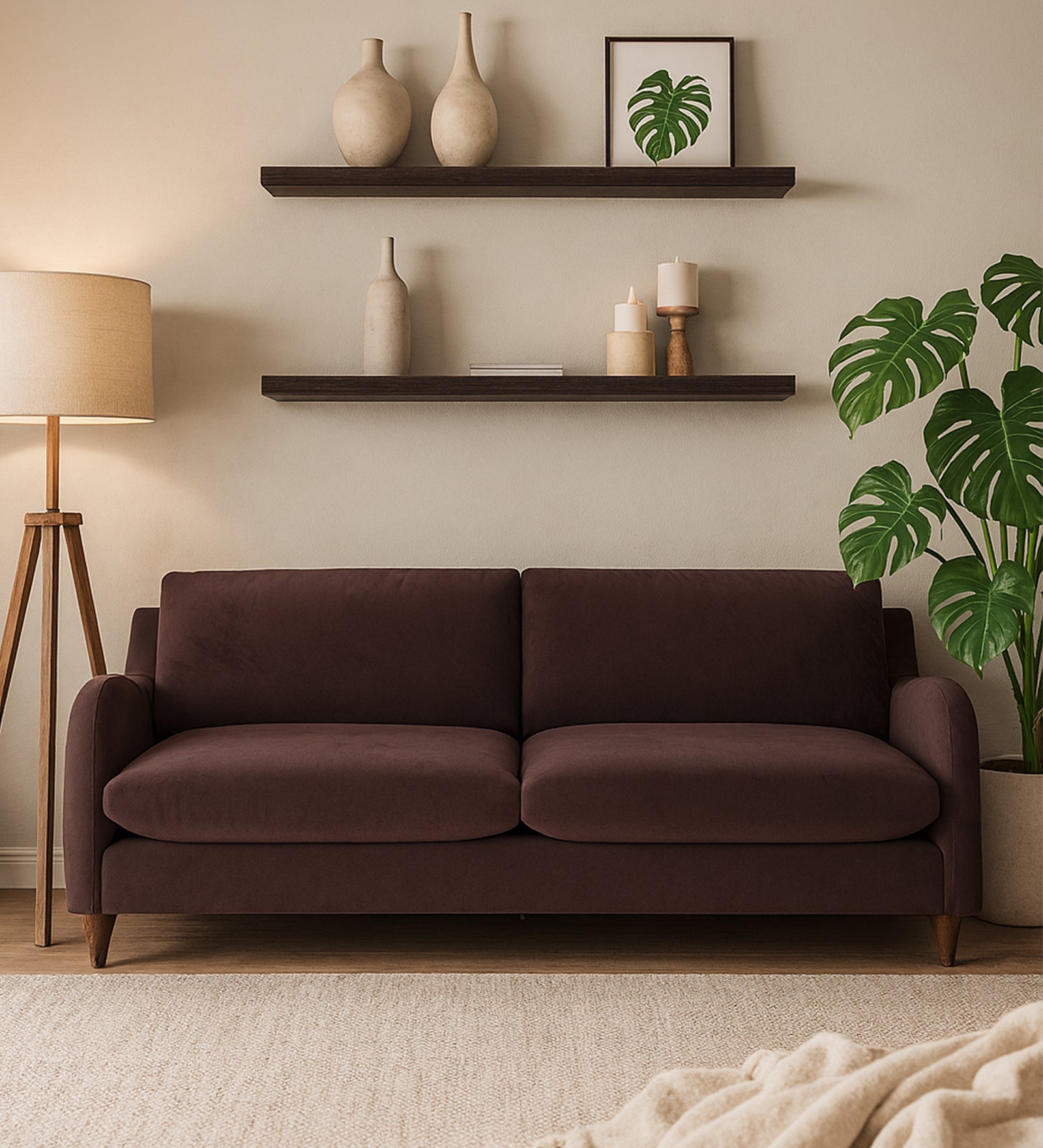 Sally Velvet 3 Seater Sofa In Mocha Brown Colour