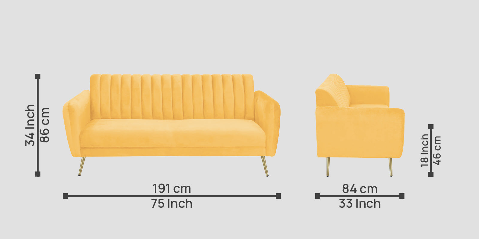 Fidel Velvet 3 Seater Sofa In Turmeric Yellow Colour - Febonic Living