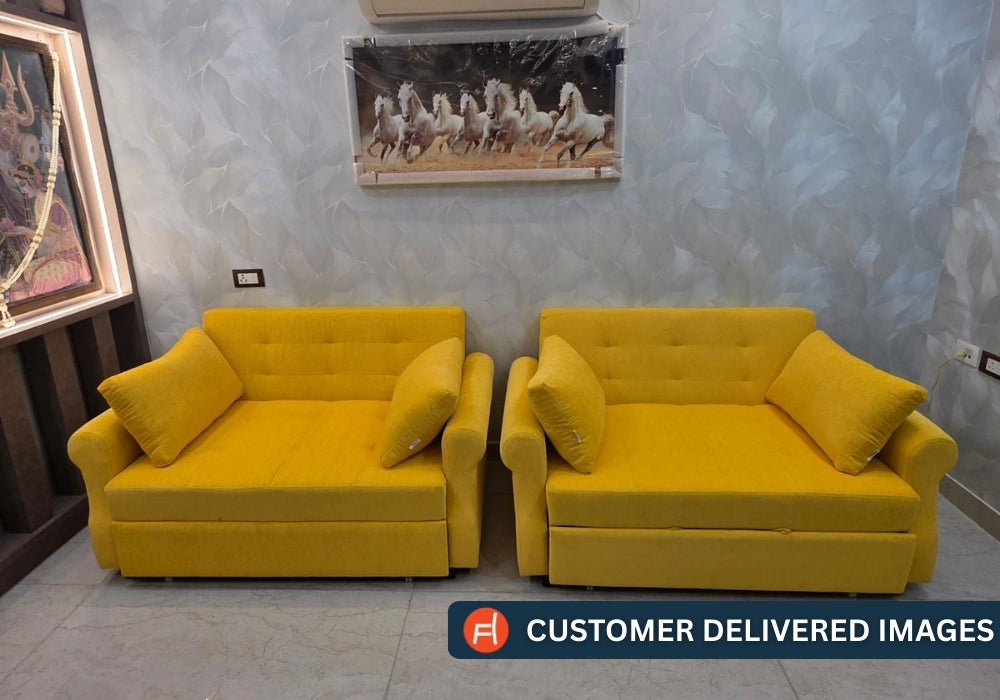 Fornia Fabric 2 Seater Convertible + Pullout Sofa Cum bed In Bold Yellow Colour