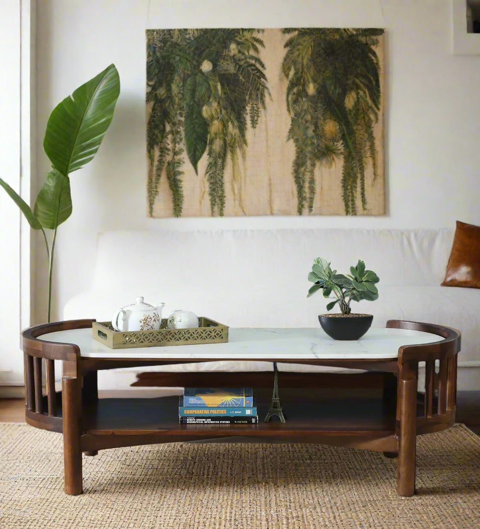 Humta Sheesham Wood Oval Coffee Table In Provincial Teak Finish With Marble Top - Febonic Living