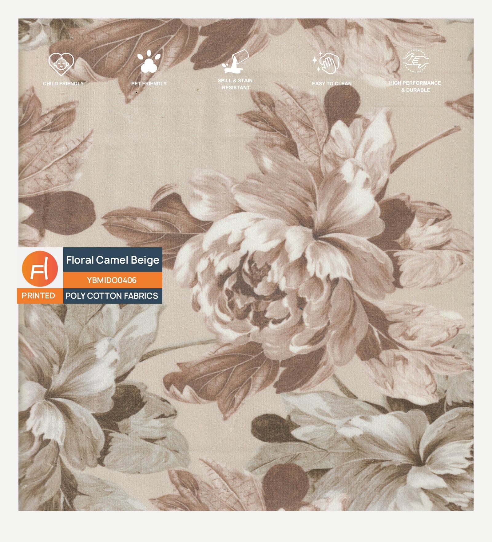 Velvet Digital Printed Fabric Floral Camel Beige 406 Code - Febonic Living