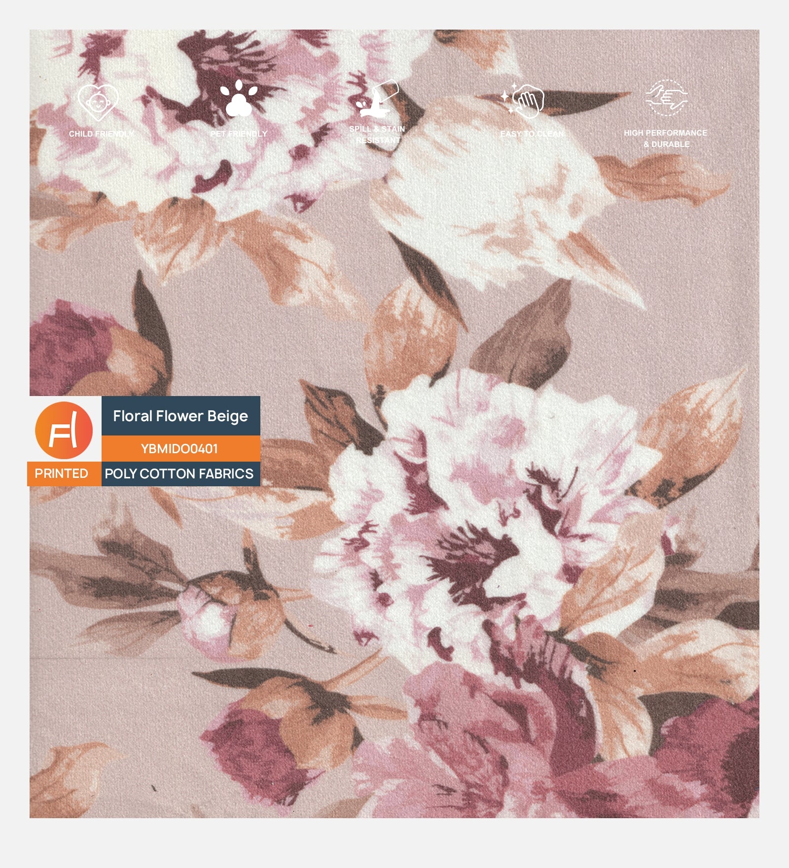 Velvet Digital Printed Fabric Floral Flower Beige 401 Code - Febonic Living
