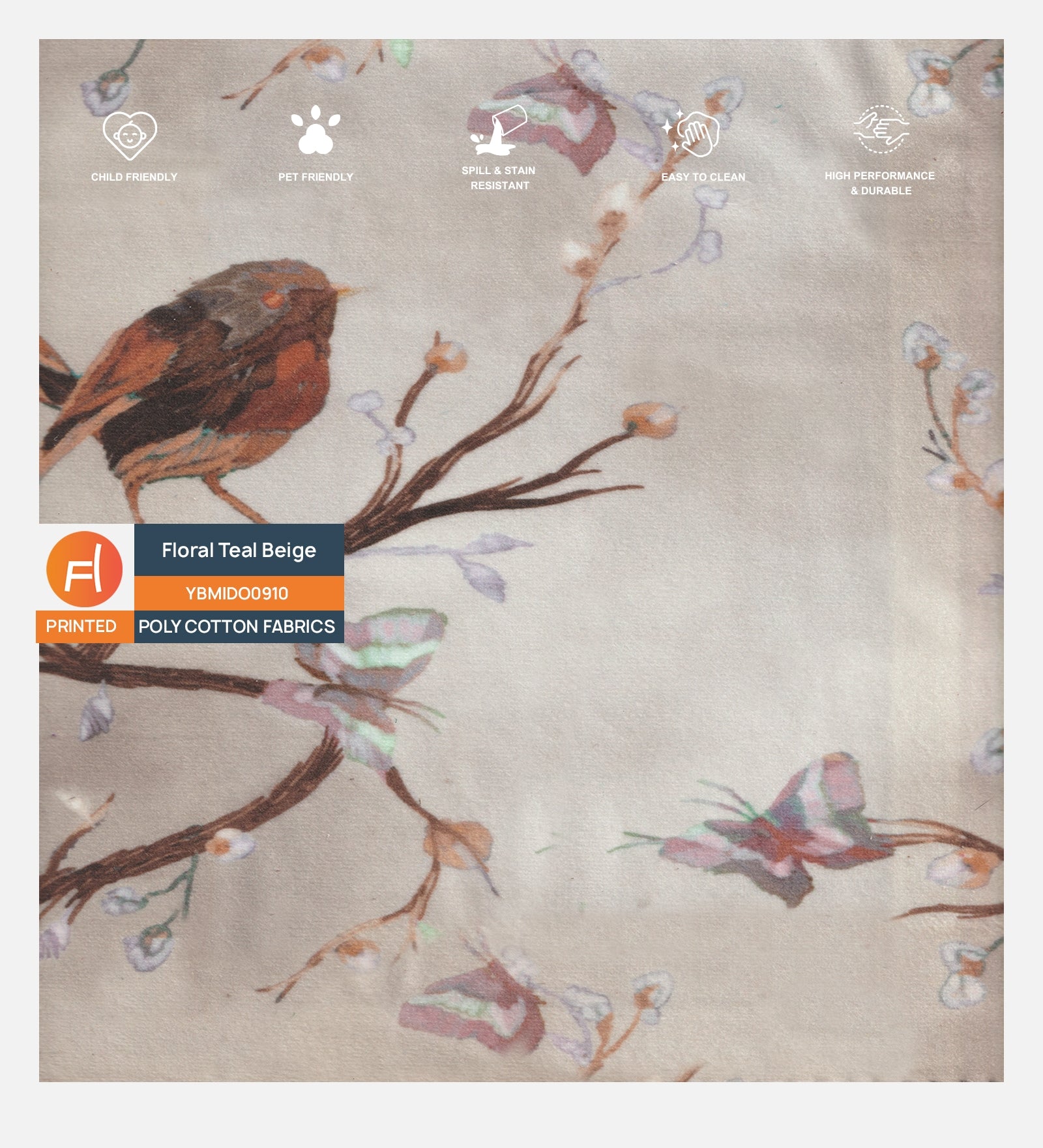 Velvet Digital Printed Fabric Floral Teal Beige 910 Code - Febonic Living
