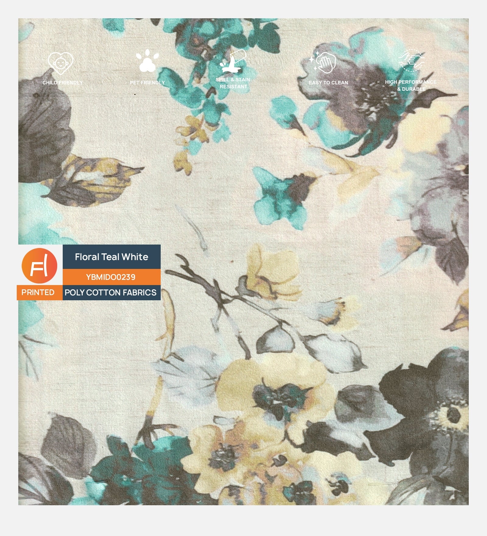 Velvet Digital Printed Fabric Floral Teal White 239 Code - Febonic Living