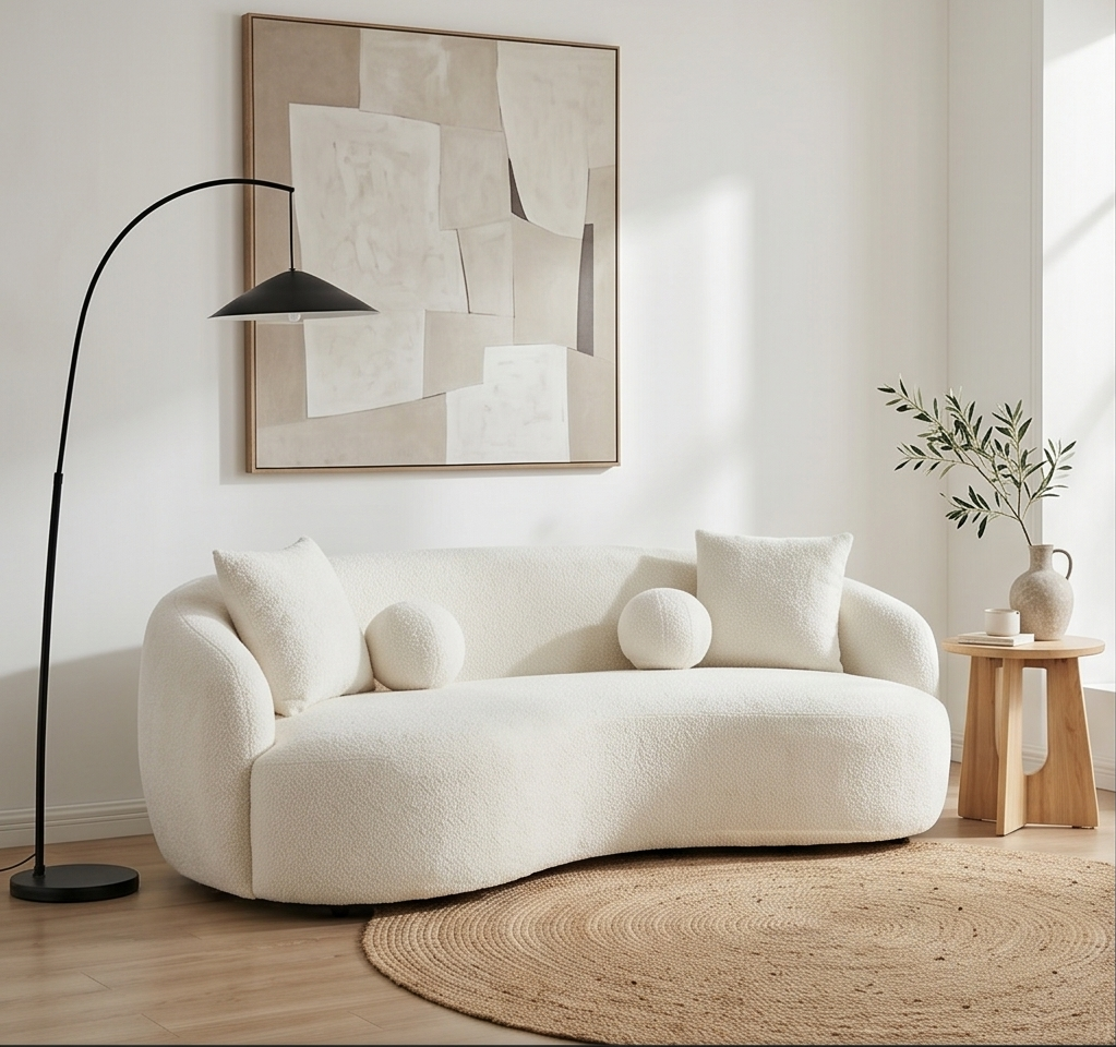 Cosmo 4 Seater Curved Boucle Fabric Sofa - Boucle White