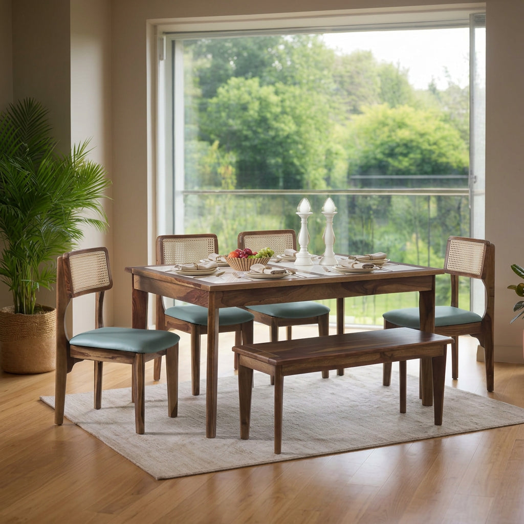 Simra Sheesham Wood 6 Seater Dining Set In Scratch Resistant Provincial Teak Finish With Marbel Top & Bench - Febonic Living