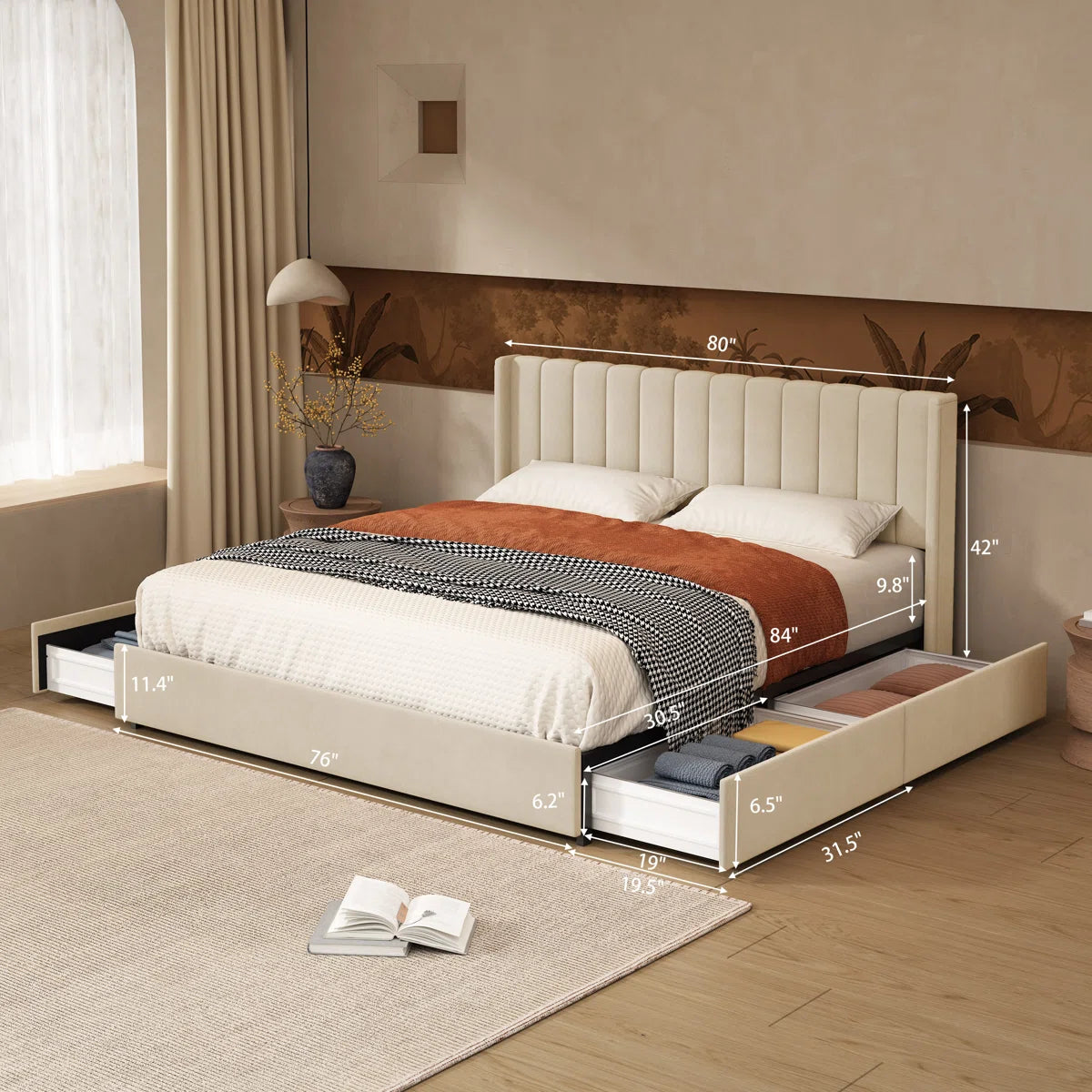 Hunar Velvet Upholstered King Size Bed In Warm White Colour With Drawer Storage