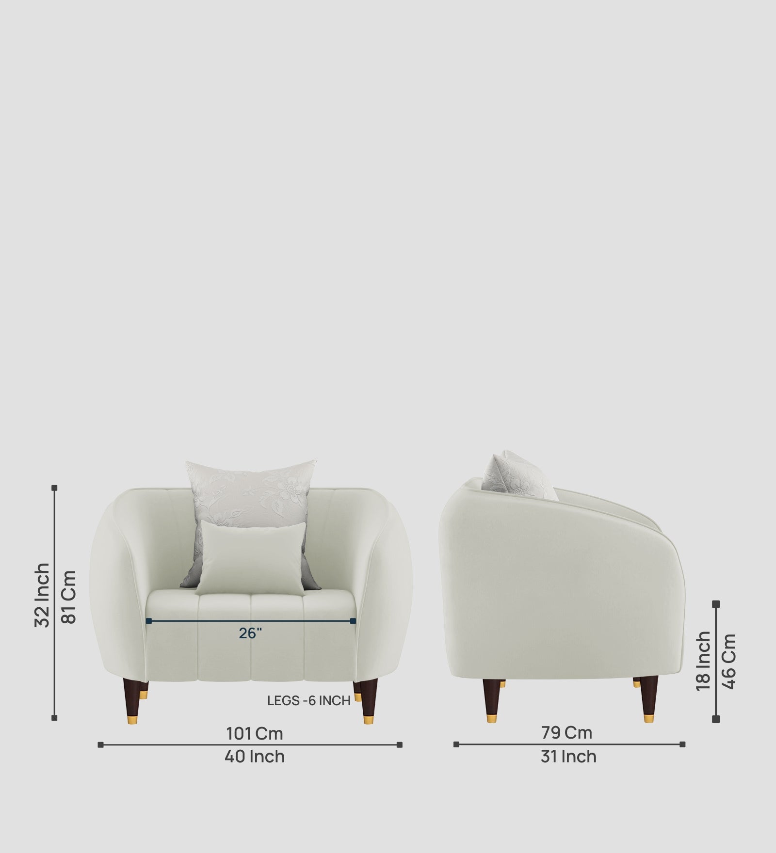 Hairo Velvet 1 Seater Sofa In Bone Grey Colour