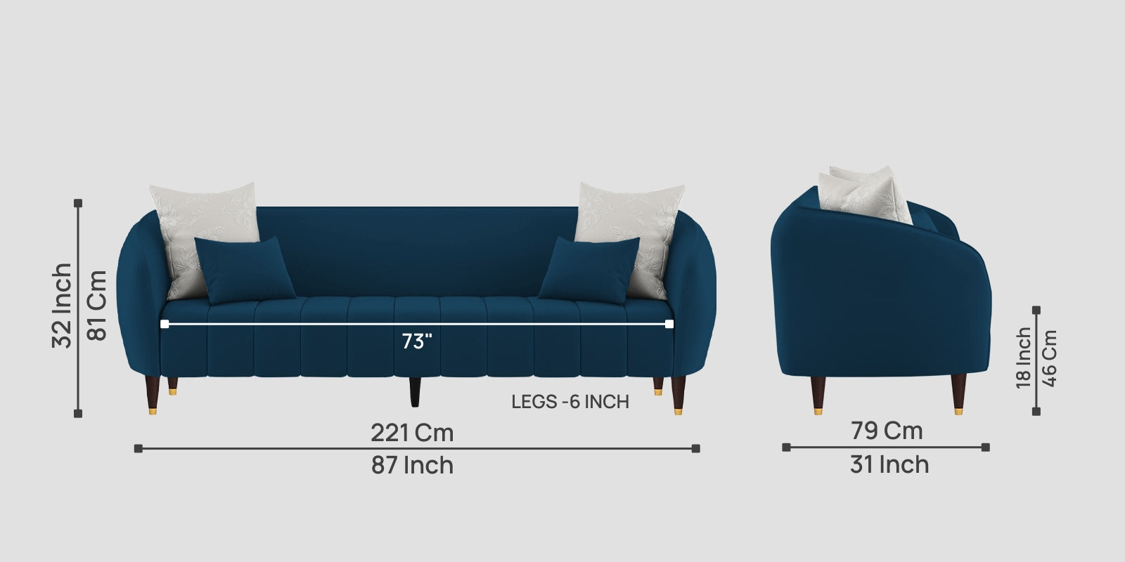 Hairo Velvet 3 Seater Sofa In Azure Blue Colour