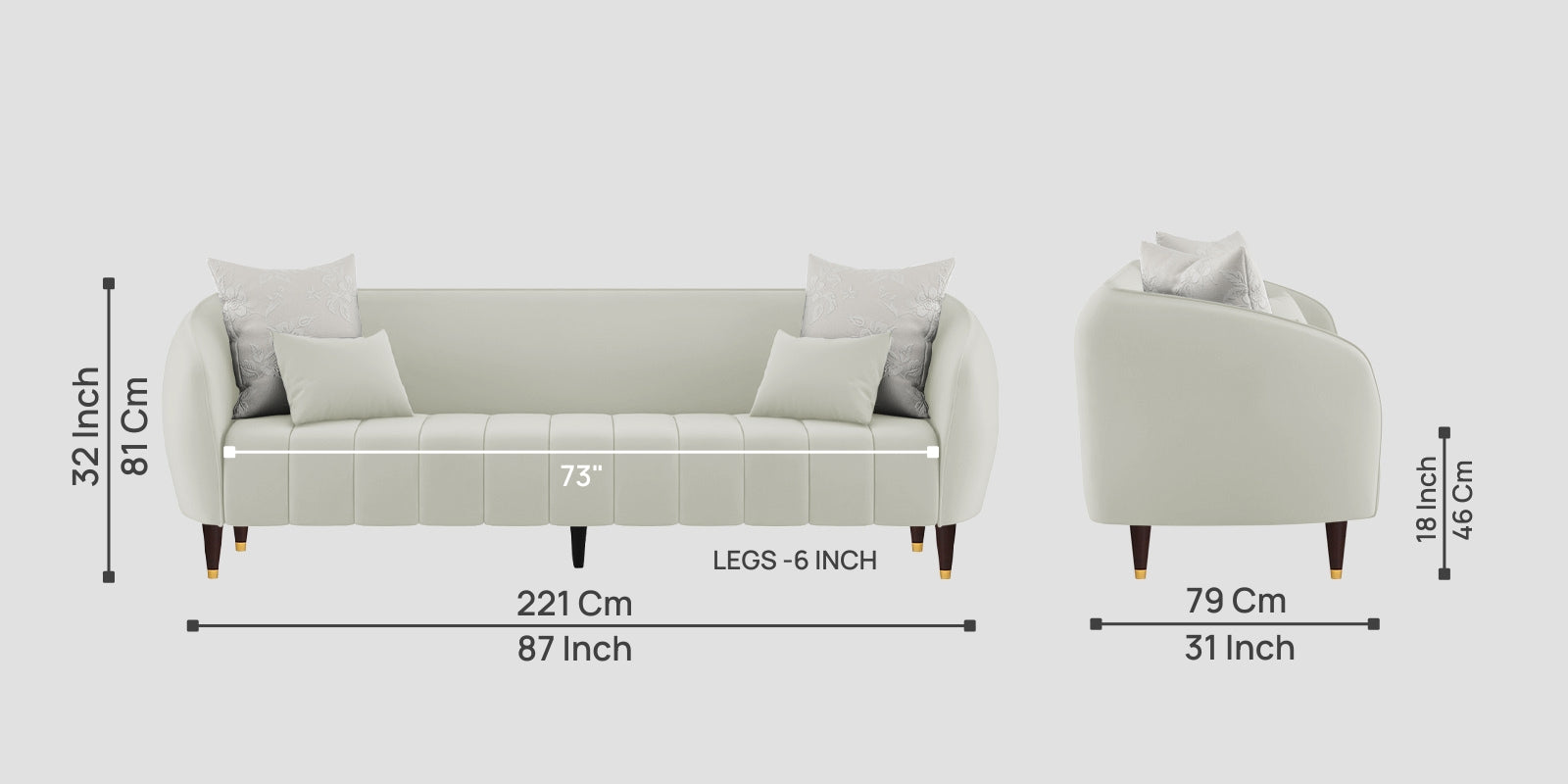 Hairo Velvet 3 Seater Sofa In Bone Grey Colour