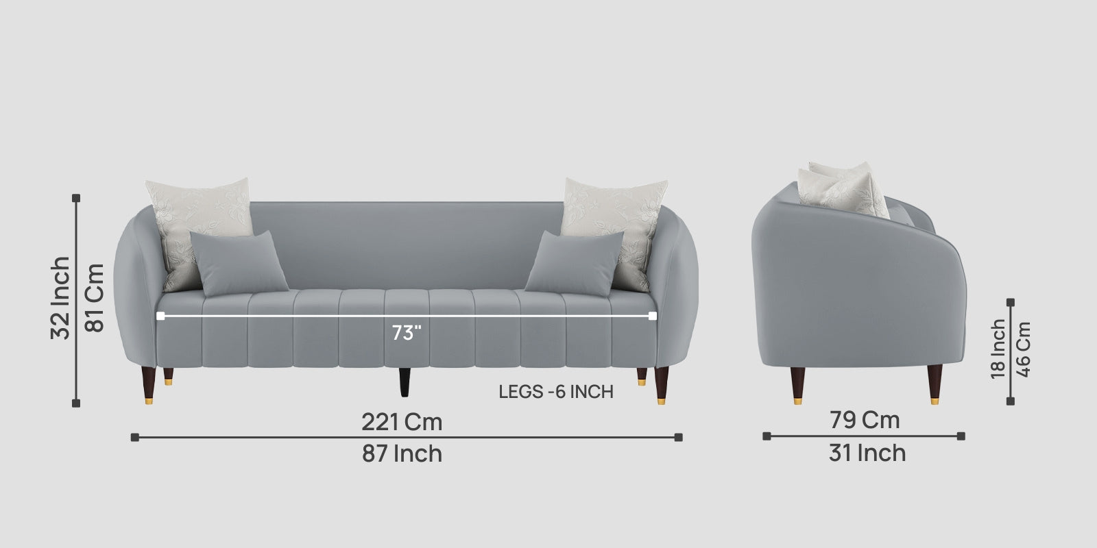 Hairo Velvet 3 Seater Sofa In Concrete Grey Colour