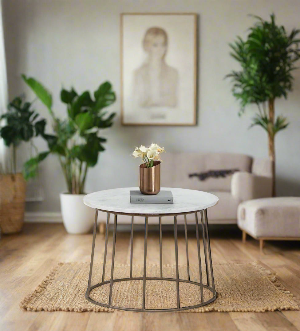 Herat Metal Round Coffee Table In Brass Finish With Marble Top - Febonic Living